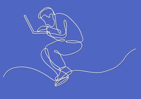 Continuous line drawing of focused man working on laptop computer 스톡 일러스트