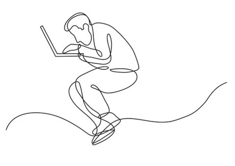 Continuous line drawing of focused man working on laptop computer 库存插图