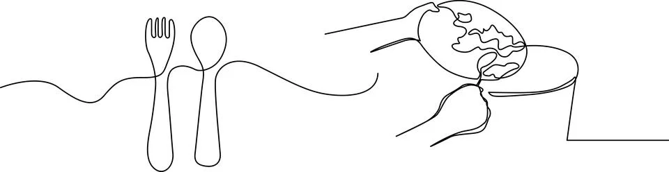 Continuous line drawing of a fork and spoon next to hands holding a globe o.. Stock Illustration