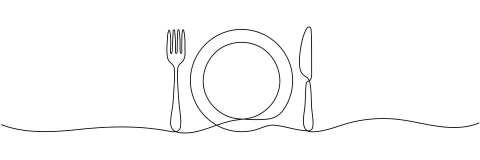 Continuous line drawing of fork, plate, knife. minimalist one line drawing .. Stock Illustration