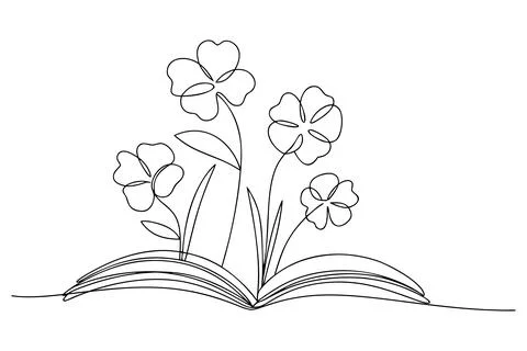 Continuous line drawing of four flowers blooming from an open book Stock Illustration