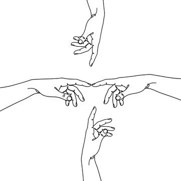 Continuous line drawing of four human hands reaching together towards center イラスト素材