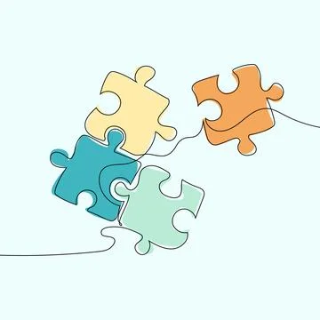 Continuous line drawing of a four-piece puzzle that is combined isolated. Tea Ilustración de archivo