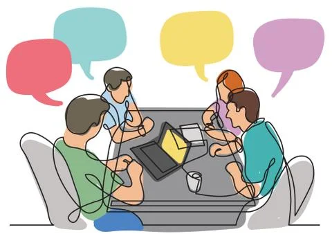 Continuous line drawing of four team members working together Stock Illustration