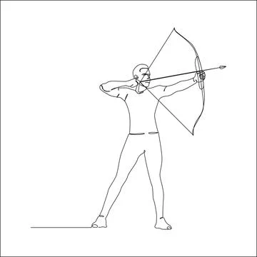A continuous line drawing of a full-body archer standing tall. Stock Illustration