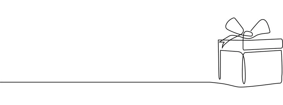 Continuous line drawing of a gift box with a bow, isolated on white. Vector Illustrazione stock
