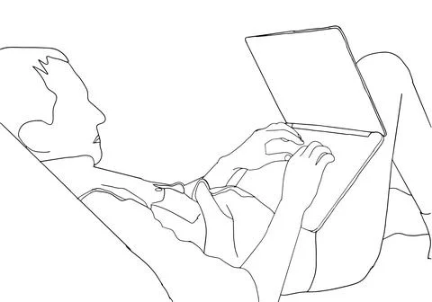 Continuous line drawing of a guy with laptop computer Illustrazione stock