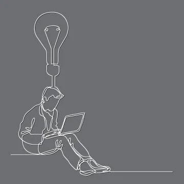 Continuous line drawing of a guy sitting with laptop computer with idea 스톡 일러스트