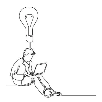 Continuous line drawing of a guy sitting with laptop computer with idea Illustrazione stock