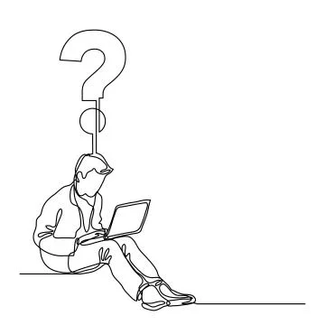 Continuous line drawing of a guy sitting with laptop computer with a question Illustrazione stock