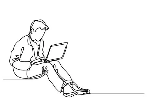 Continuous line drawing of a guy sitting with laptop computer 스톡 일러스트
