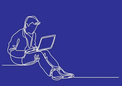 Continuous line drawing of a guy sitting with laptop computer Stock Illustration