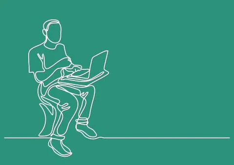 Continuous line drawing of a guy sitting with laptop computer Illustrazione stock