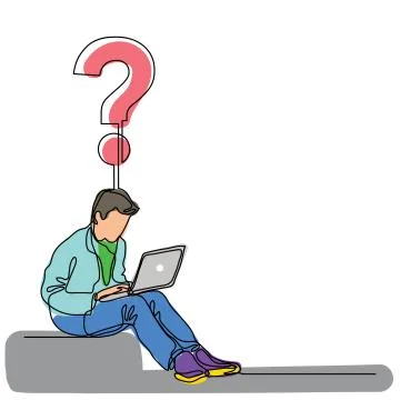 Continuous line drawing of a guy sitting with laptop computer with a question 스톡 일러스트
