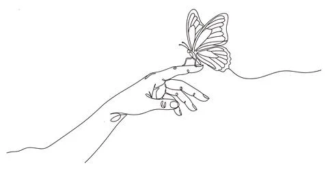 Continuous line drawing of hand with butterfly on finger simple minimalist .. Stock Illustration