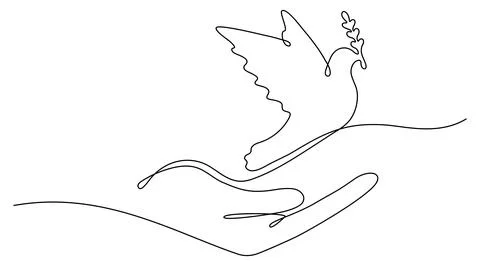 Continuous line drawing hand with flying dove with olive branch. Stock Illustration