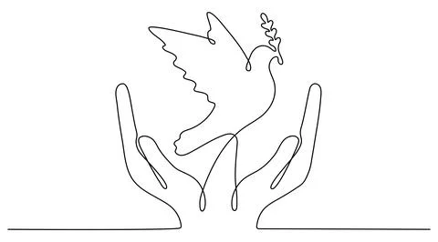 Continuous line drawing hand with flying dove with olive branch. Stock Illustration