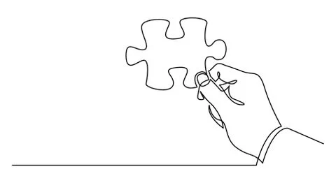 Continuous line drawing of hand holding puzzle piece as a solution Stock Illustration