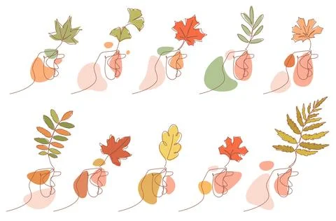 Continuous line drawing of hand holding autumn leaves Stock Illustration