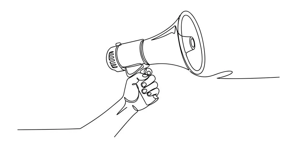 Continuous line drawing of hand holding megaphone for attention and announc.. Stock Illustration