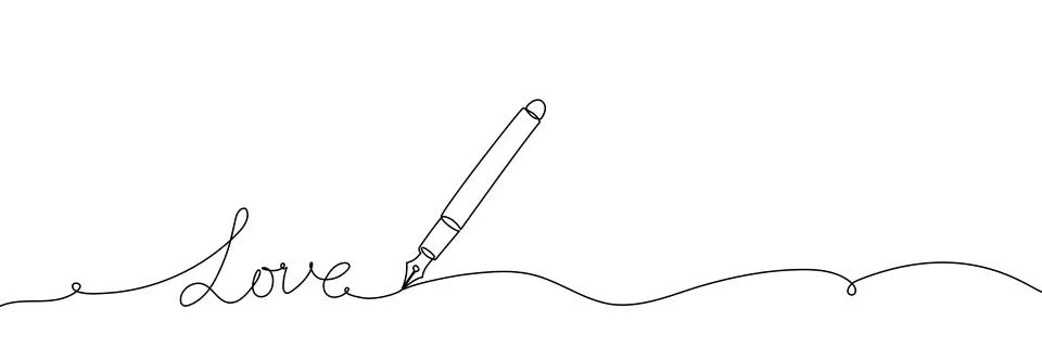 Continuous line drawing of a hand holding a pen, creating an elegant curved Ilustración de archivo