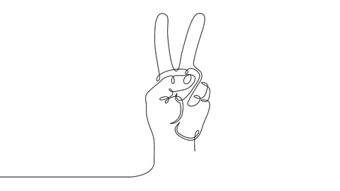 Continuous line drawing hand showing victory sign Stock Footage 92121997