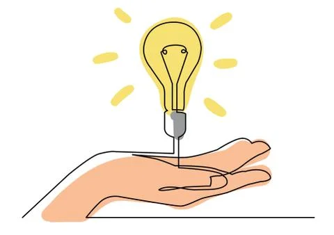 Continuous line drawing of hand showing light bulb or idea metaphor Stock Illustration