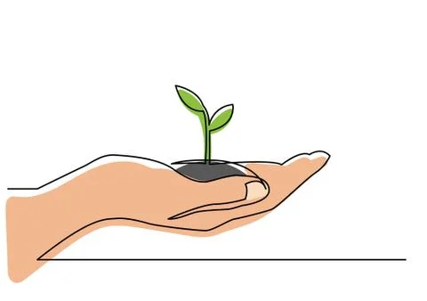 Continuous line drawing of hand showing growing plant Stock Illustration