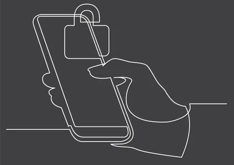 Continuous line drawing of hand using modern mobile phone with security lock Illustrazione stock