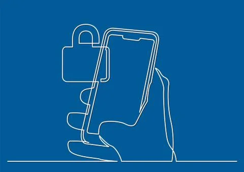 Continuous line drawing of hand using modern mobile phone with security lock Stock Illustration