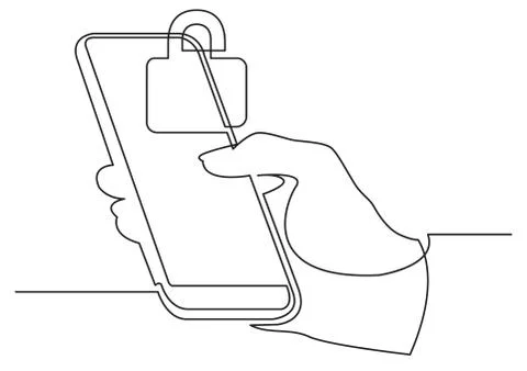 Continuous line drawing of hand using modern mobile phone with security lock Stock Illustration