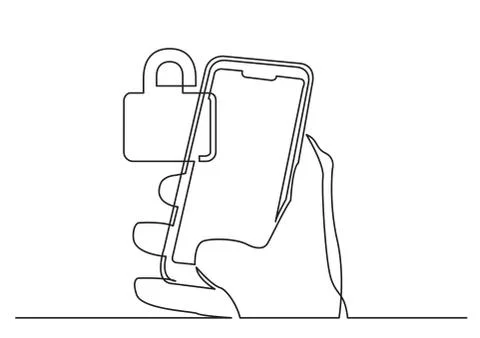 Continuous line drawing of hand using modern mobile phone with security lock Stock Illustration