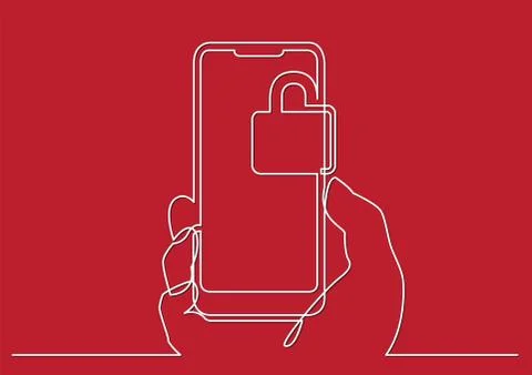 Continuous line drawing of hand using modern mobile phone with security lock Illustrazione stock