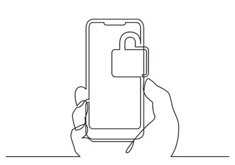Continuous line drawing of hand using modern mobile phone with security lock Illustrazione stock