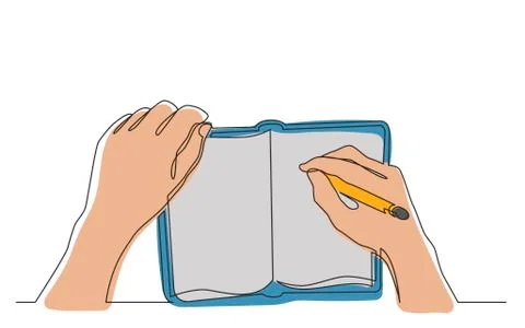 Continuous line drawing of hand writing notes in workbook Stock Illustration