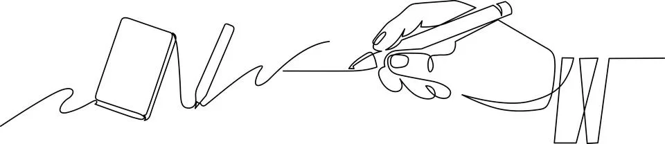 Continuous line drawing of a hand writing with a pen next to a notebook and.. Stock Illustration