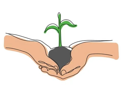 Continuous line drawing of hands holding growing plant Stock Illustration