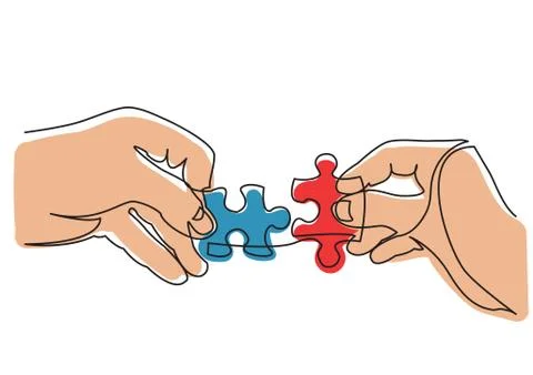 Continuous line drawing of hands solving jigsaw puzzle Stock Illustration