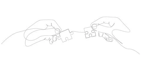 Continuous line drawing of hands solving jigsaw puzzle. Teamwork concept draw Stock Illustration