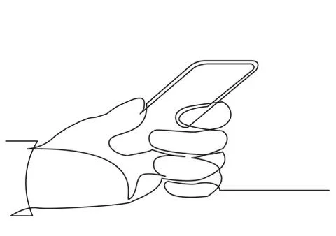 Continuous line drawing of hands using modern mobile phone Stock Illustration