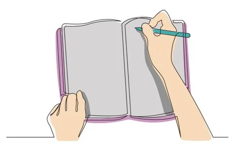 Continuous line drawing of hands writing in workbook Stock Illustration