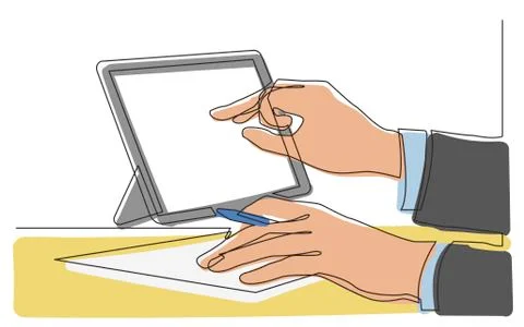 Continuous line drawing of hands writing pointing at tablet screen Stock Illustration