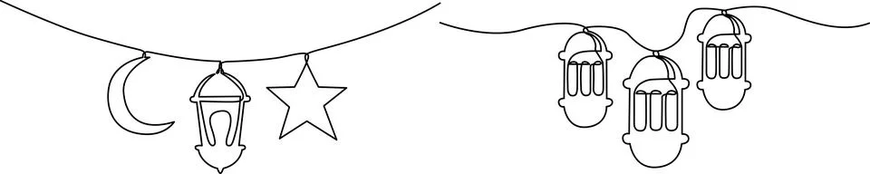 Continuous line drawing of hanging ramadan lanterns star and crescent moon .. Ilustração Stock