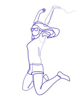Continuous line drawing of happy jumping woman athlete. Illustrazione stock