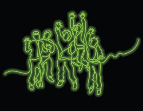 Continuous line drawing of happy jumping people with neon vector effect Stock Illustration