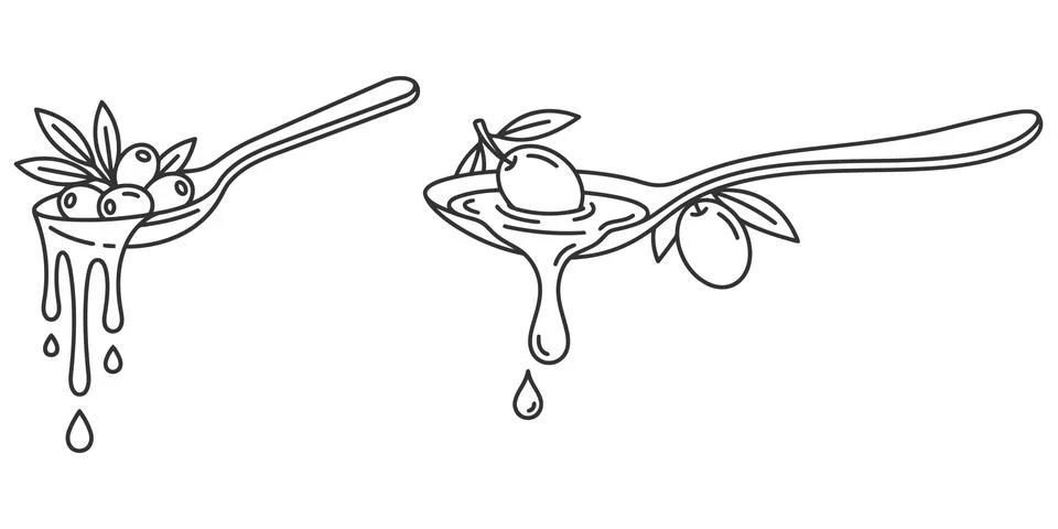Continuous line drawing of healthy olive oil in spoon set. Stock Illustration
