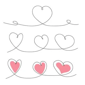Continuous line drawing heart set with red shape. St. Valentine day concept Stock Illustration