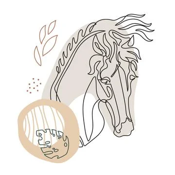 Continuous line drawing horse with botanical elements vector Stock Illustration