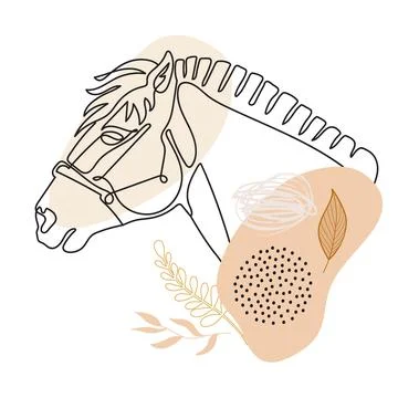Continuous line drawing horse with botanical elements vector Stock Illustration