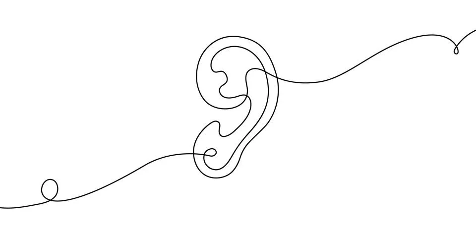 Continuous line drawing of human ear icon. Single stroke outline art depicting Stock Illustration